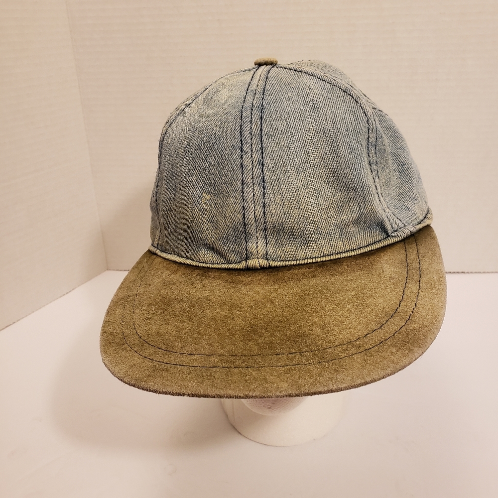 Vintage LUNA PIER Denim Hat Leather Brim Strapback Cap Adult Blue Blank 90s.